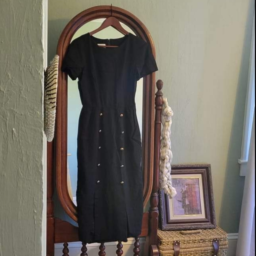 Vintage Black Formal Linen Dress with Brass Buttons